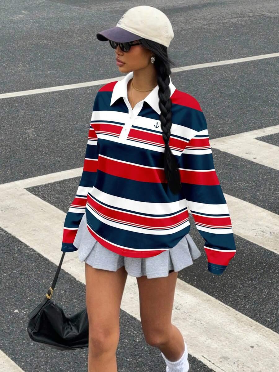 SHEIN KOSZULKA POLO DŁUGI RĘKAW WZÓR PASKI S06__L