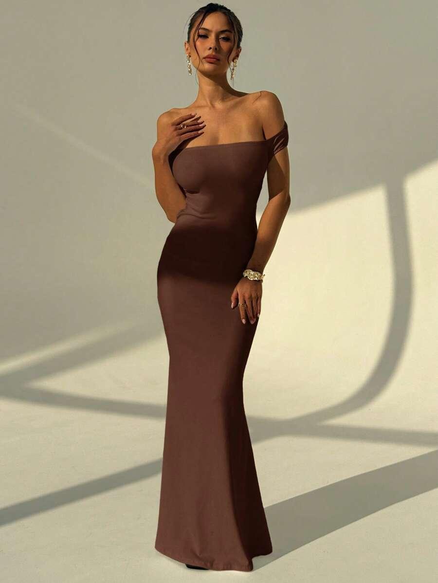 SHEIN BRĄZOWA MAXI SUKIENKA S06__XS