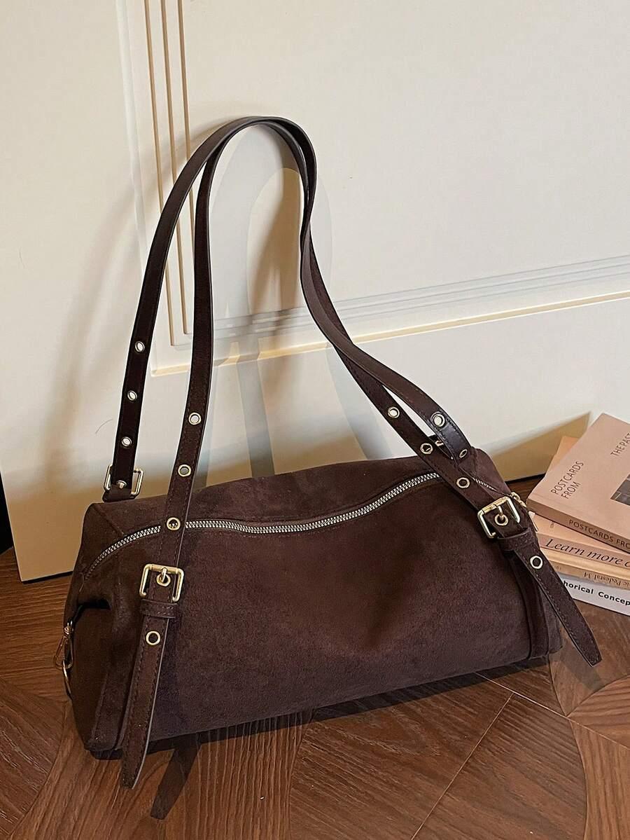 SHEIN BRĄZOWA TOREBKA IMITACJA ZAMSZU 38X9X21