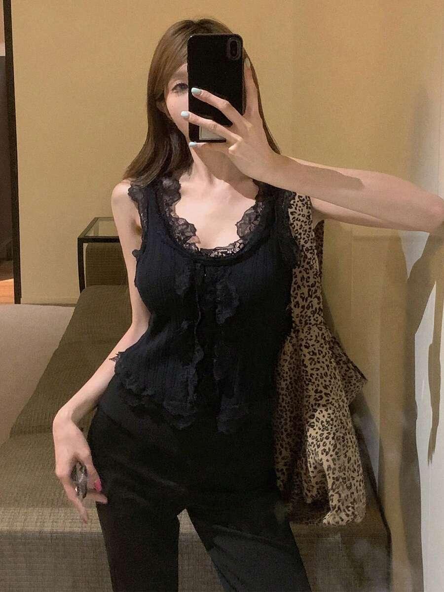 SHEIN CZARNY TOP KORONKA S09__S