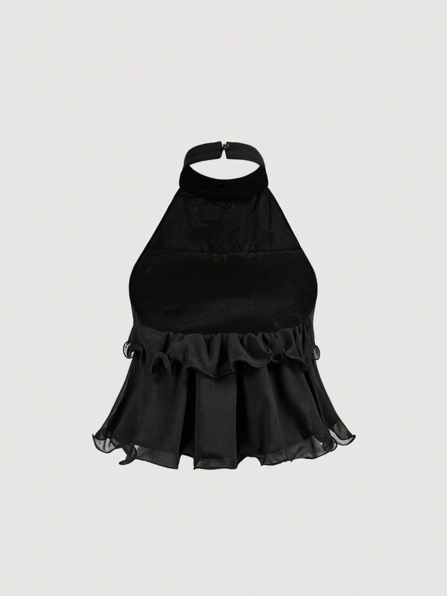 SHEIN CZARNY TOP FALBANA S06__S