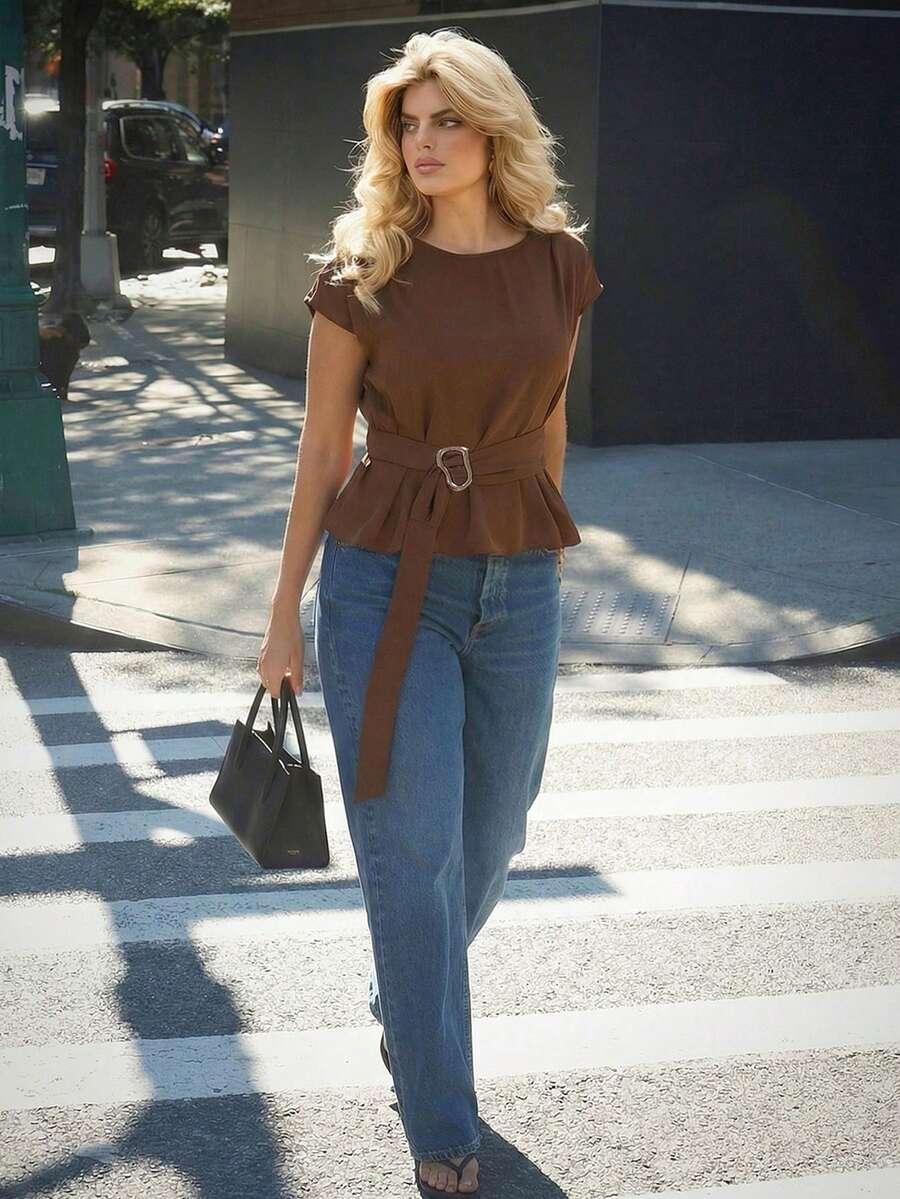 SHEIN BRĄZOWA BLUZKA KRÓTKI RĘKAW S09__46