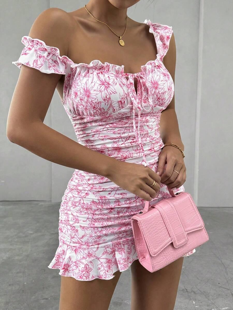 SHEIN OŁÓWKOWA MINI SUKIENKA KWIATY WIĄZANIE FALBANKA S06__L