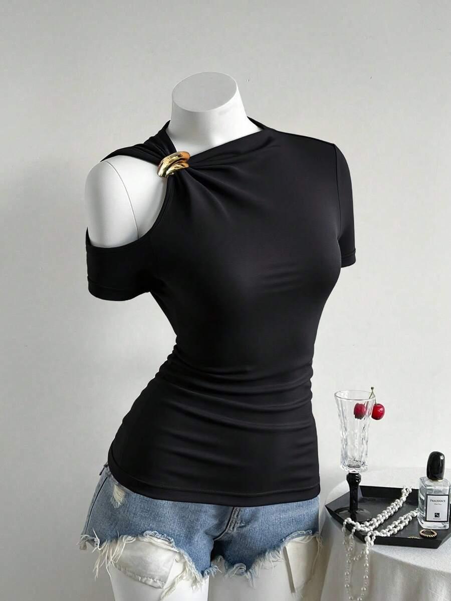 SHEIN CZARNY TOP ZDOBIENIE S06__M