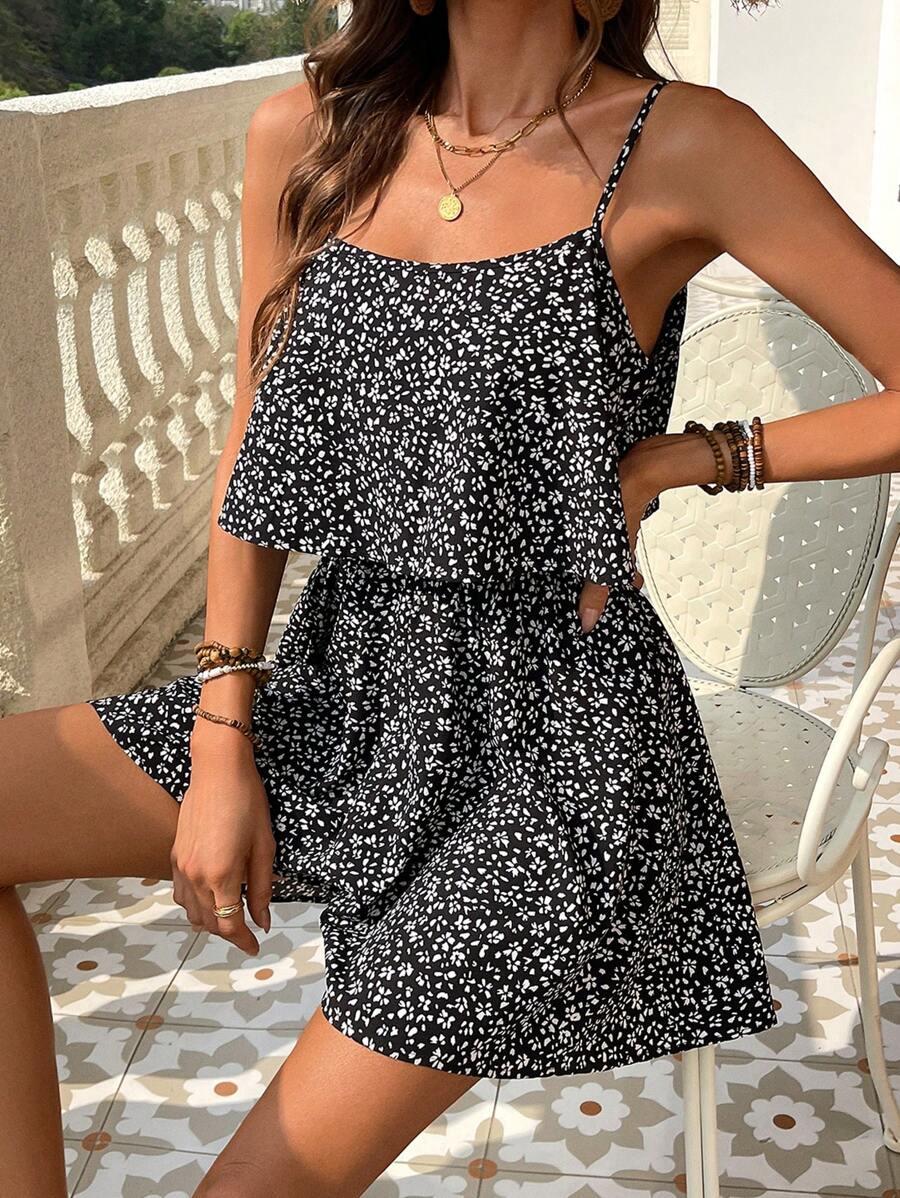 SHEIN CZARNY KOMBINEZON WZÓR KWIATY S06__XS
