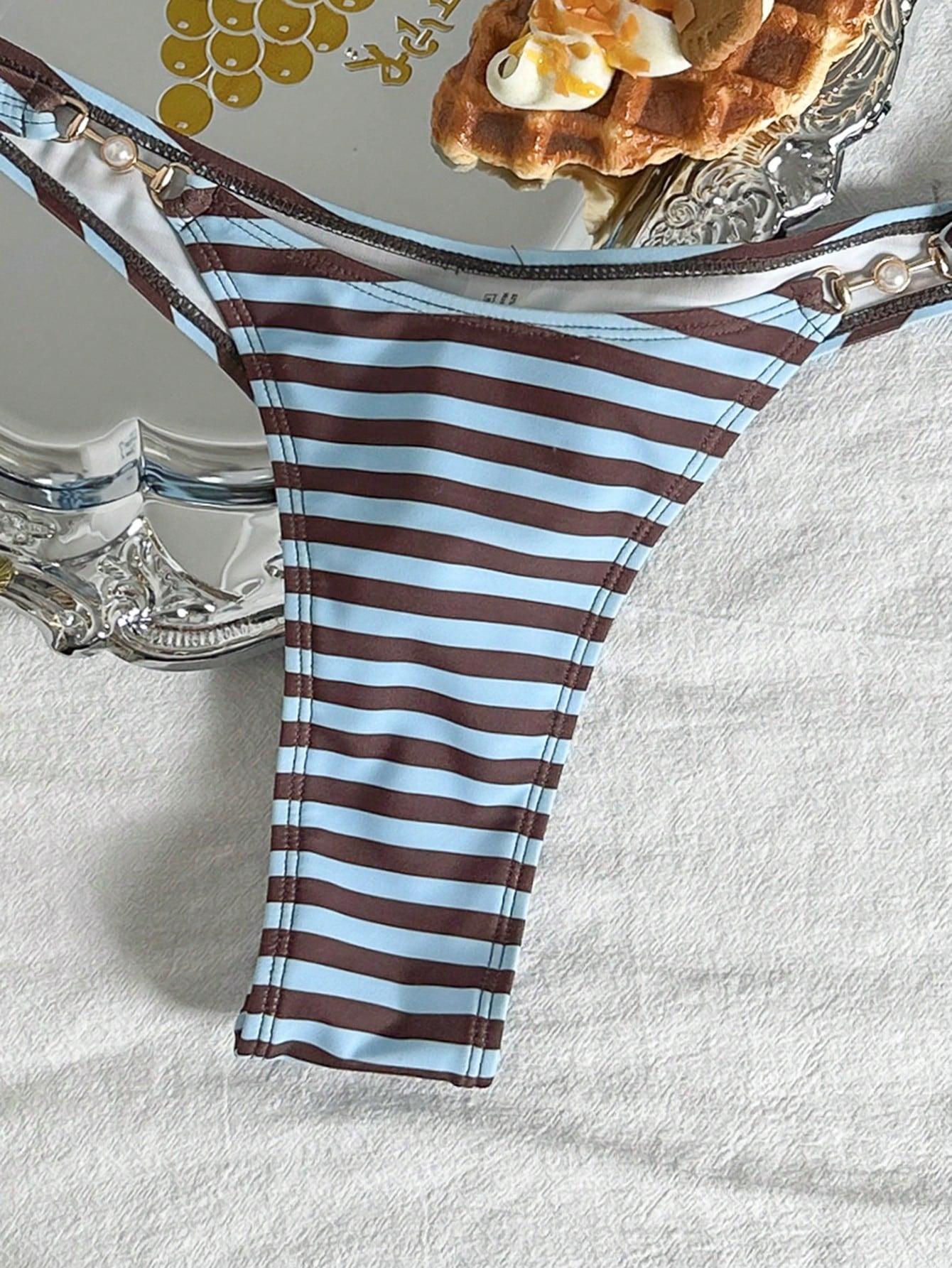 SHEIN KOMPLET BIKINI WZÓR PASKI ZDOBIENIE S09__XXS