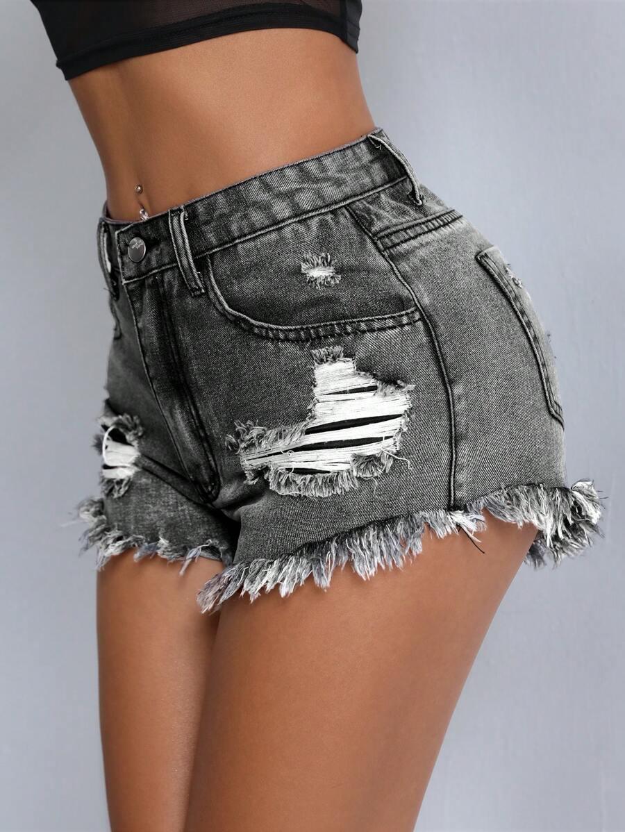 SHEIN SZARE SPODENKI JEANS PRZETARCIA S06__XXS