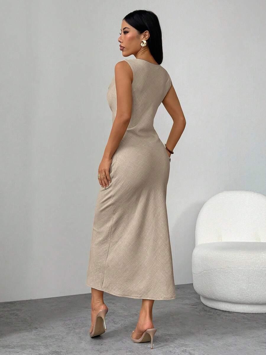 SHEIN BEŻOWA MAXI SUKIENKA S09__S