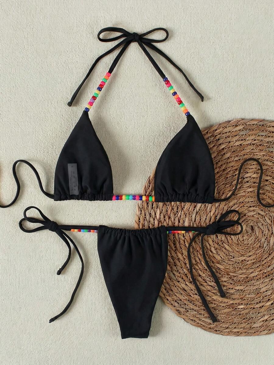 SHEIN CZARNY DWUCZĘŚCIOWY STRÓJ KĄPIELOWY ZDOBIENIE PK01__S