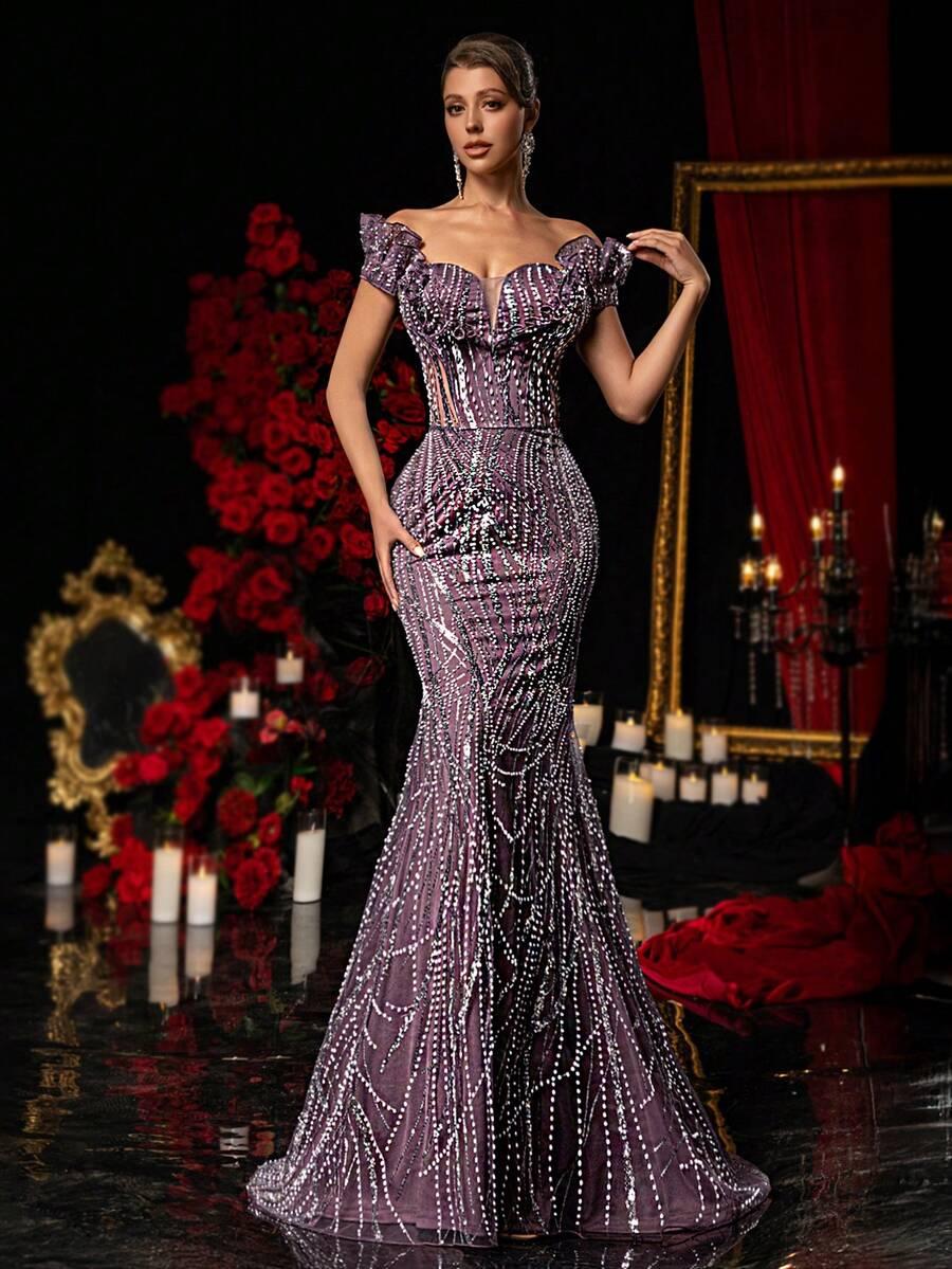 GLAMRAE FIOLETOWA MAXI SUKIENKA ZDOBIENIE S06__L