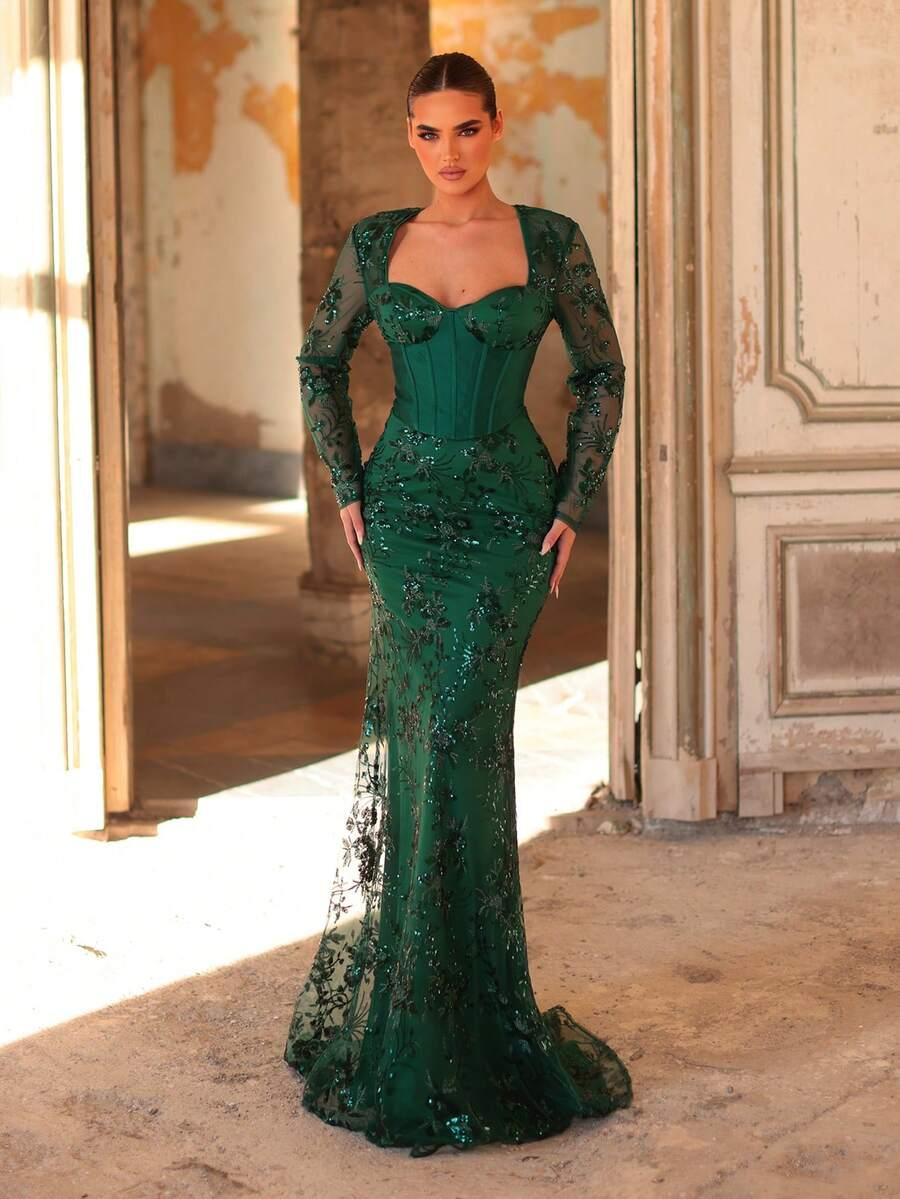 AUREIA GORSETOWA ZIELONA MAXI SUKIENKA CEKINY S06__XS