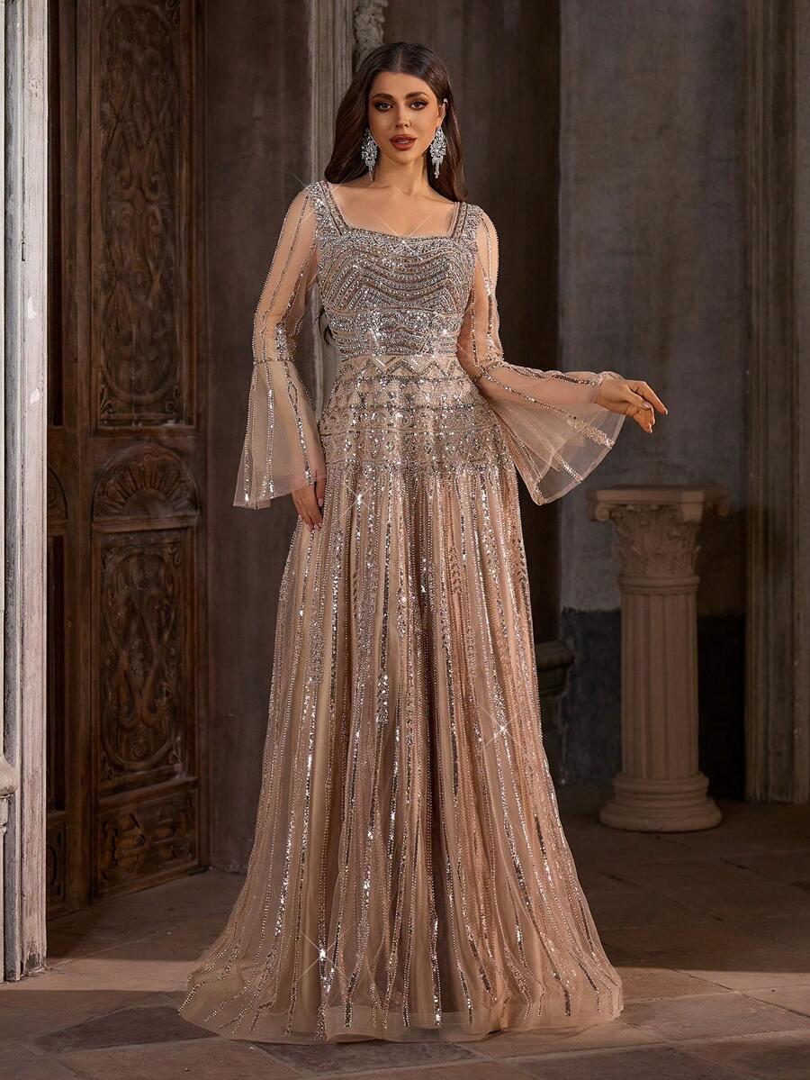 SHEIN BEŻOWA MAXI SUKIENKA ZDOBIENIE S06__M