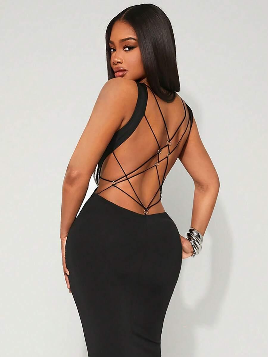 SHEIN CZARNA SUKIENKA MAXI ODKRYTE PLECY S06__XS