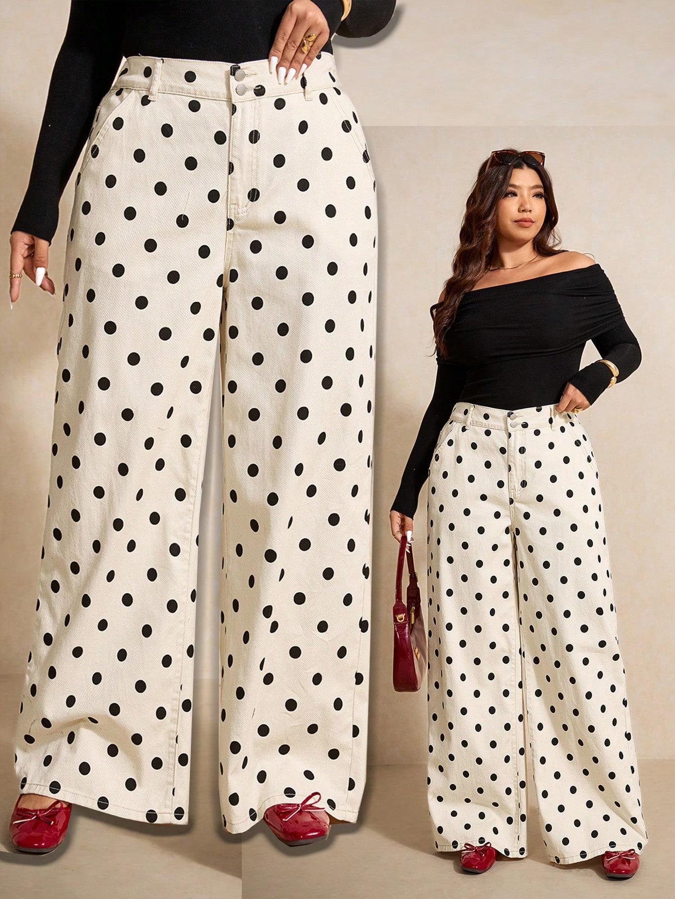 SHEIN KREMOWE SPODNIE JEANS WZÓR GROSZKI S06__52
