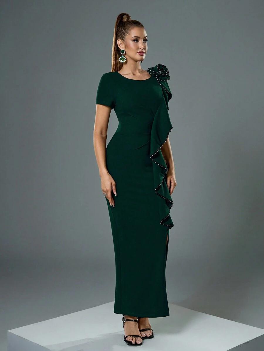 SHEIN ZIELONA MAXI SUKIENKA ZDOBIENIA KWIAT 3D POŁYSK PK01__52