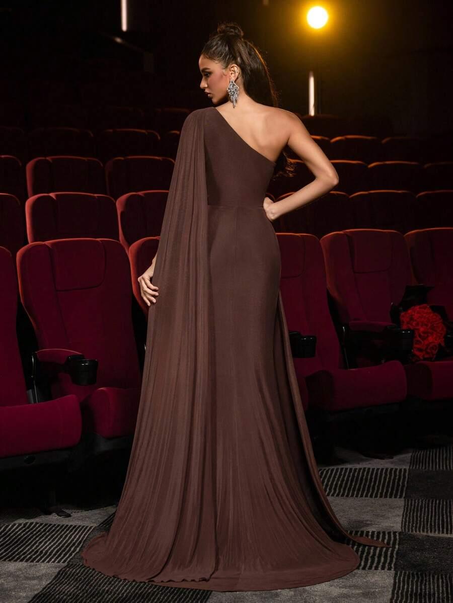 SHEIN BRĄZOWA MAXI SUKIENKA ZDOBIENIE S06__S