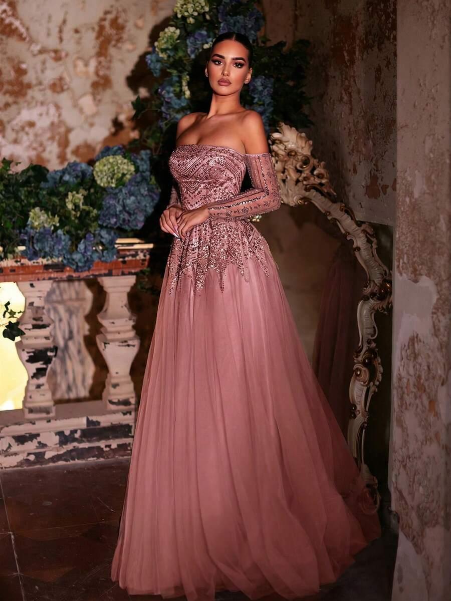 GLAMRAE RÓŻOWA MAXI SUKIENKA ODKRYTE RAMIONA S06__S