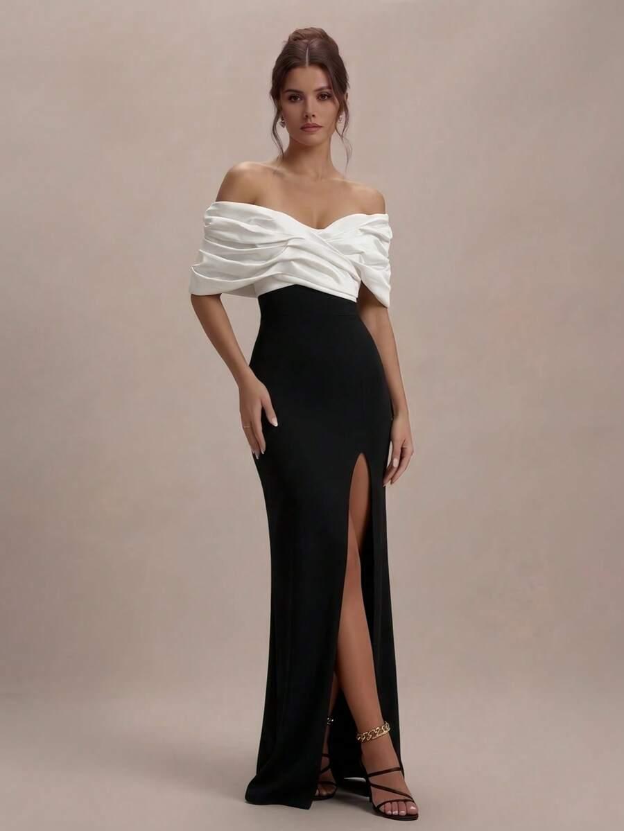 SHEIN MAXI SUKIENKA KONTRAST ROZCIĘCIE MARSZCZENIA ODKRYTE RAMIONA PK01__S