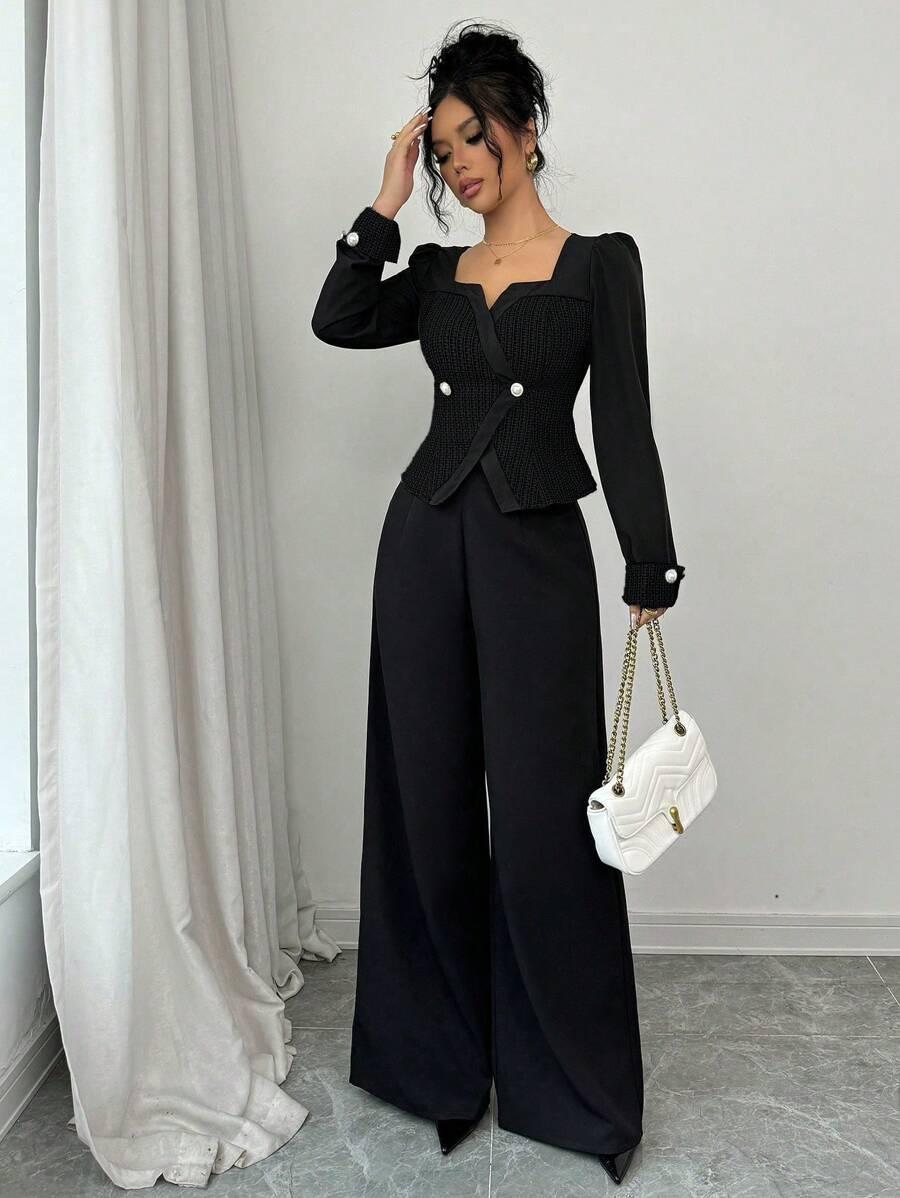 SHEIN CZARNY KOMPLET BLUZKA SPODNIE S06__XS