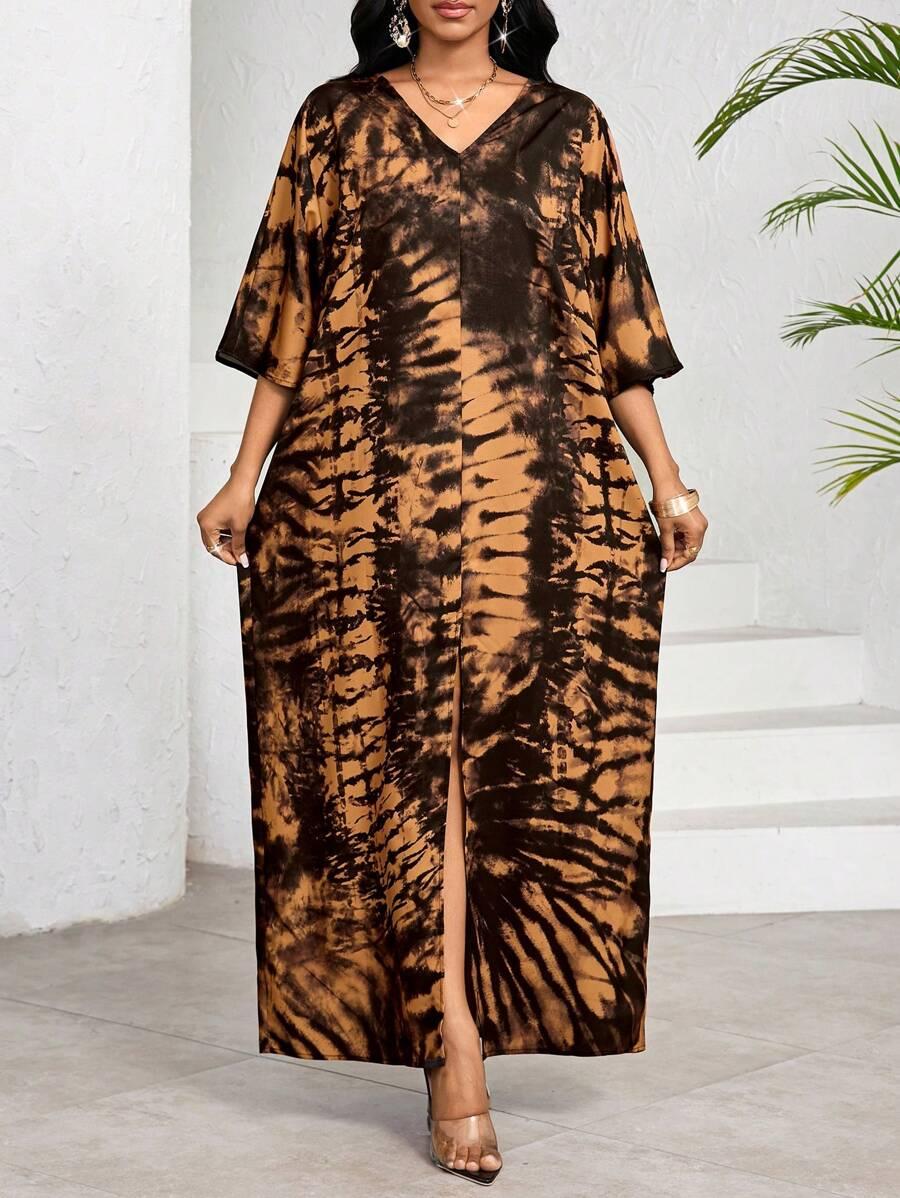 SHEIN MAXI SUKIENKA ROZCIĘCIE RĘKAW 3/4 PRINT V-NECK S06__M