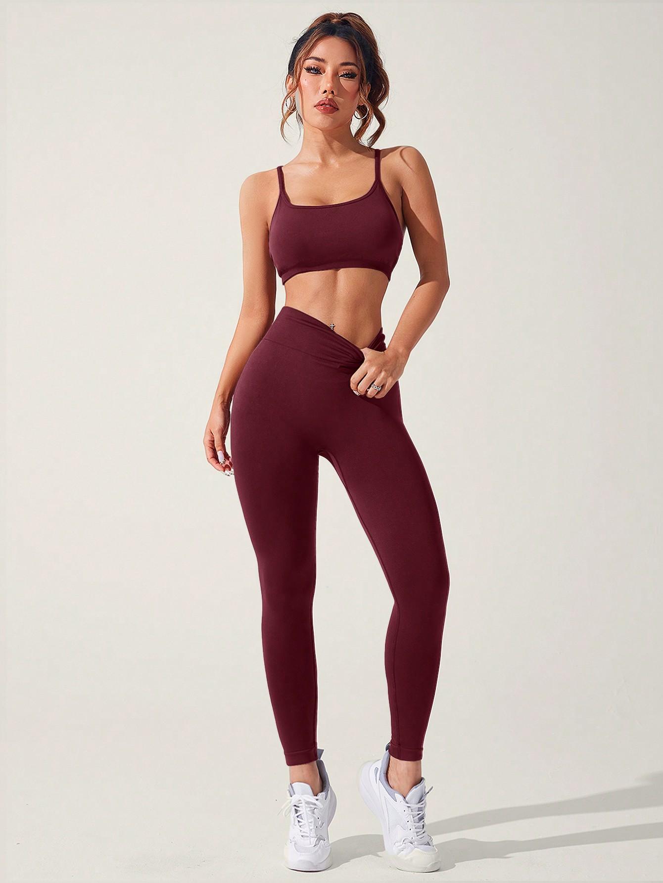 SHEIN BURGUNDOWY KOMPLET FITNESS TOP LEGGINSY S06__S