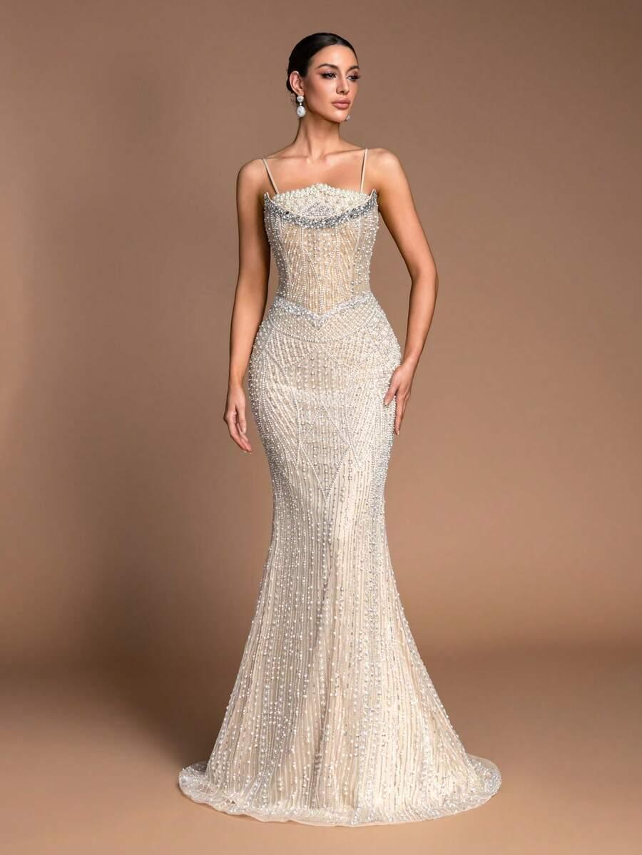 SHEIN BEŻOWA MAXI SUKIENKA S06__S