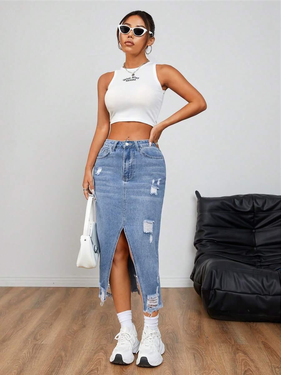 SHEIN JEANSOWA SPÓDNICA PRZETARCIA S06__XXL