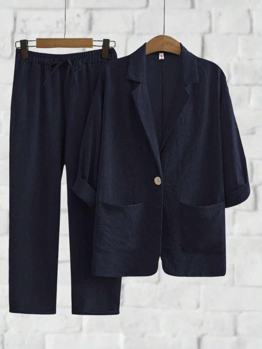 SHEIN GRANATOWY KOMPLET MARYNARKA SPODNIE PK01__L