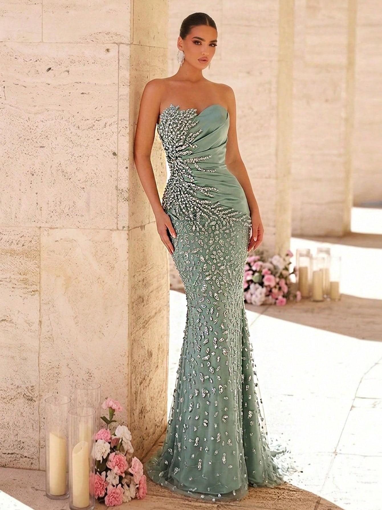 SHEIN ZIELONA SUKIENKA MAXI ZDOBIENIA POŁYSK S06__L
