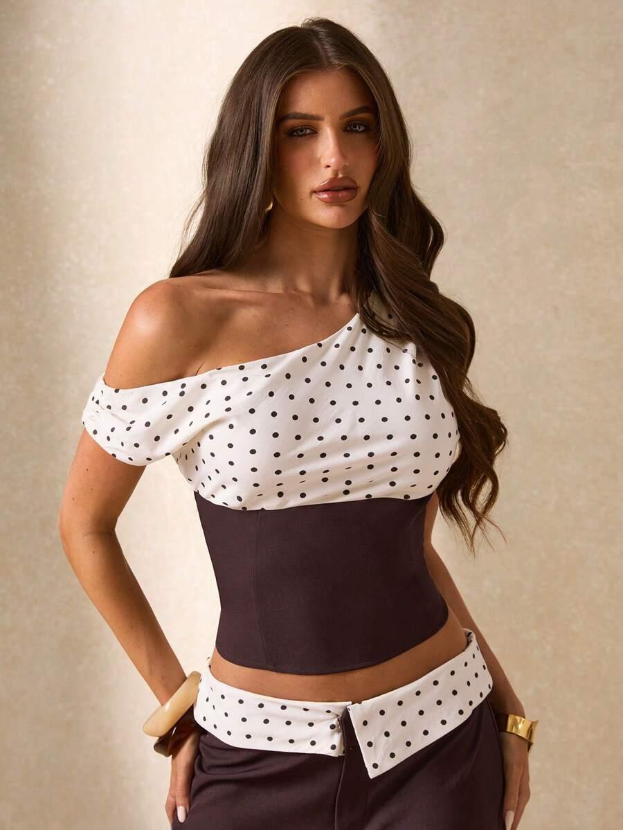 SHEIN ASYMETRYCZNY TOP WZÓR GROSZKI ZAMEK S06__M