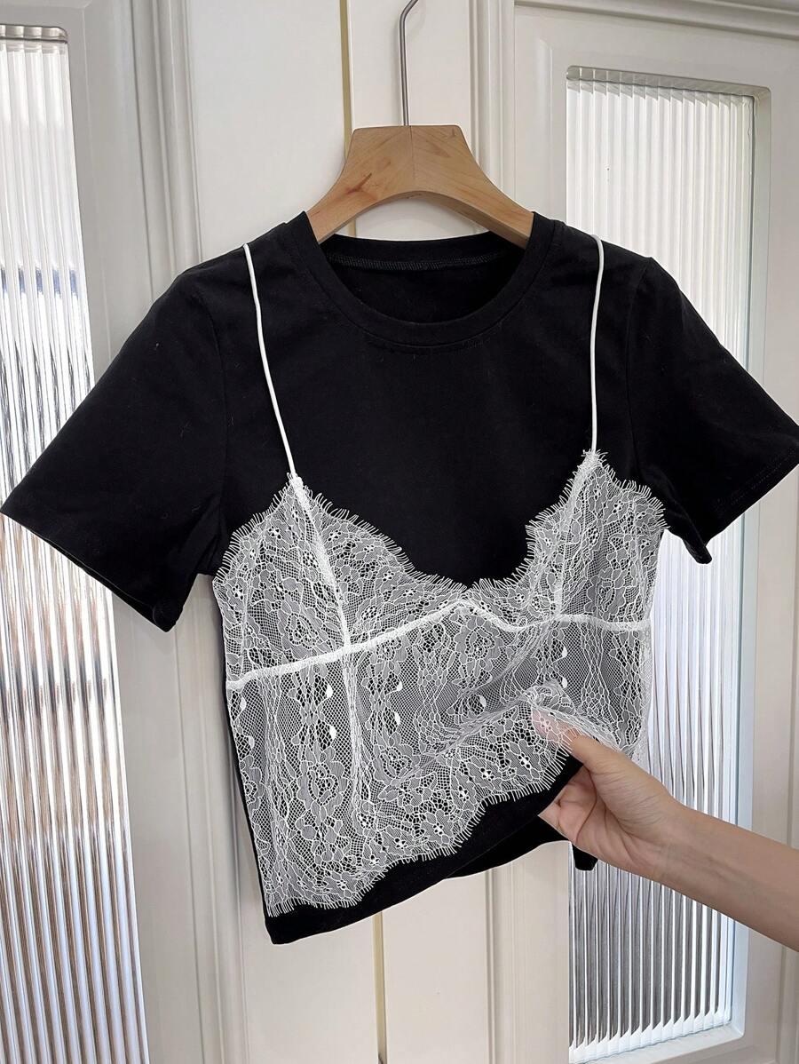 SHEIN BLUZKA Z KRÓTKIM RĘKAWEM KORONKA S06__