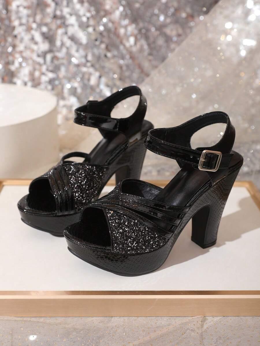 SHEIN CZARNE SANDAŁY NA OBCASIE ZDOBIENIE S06__38