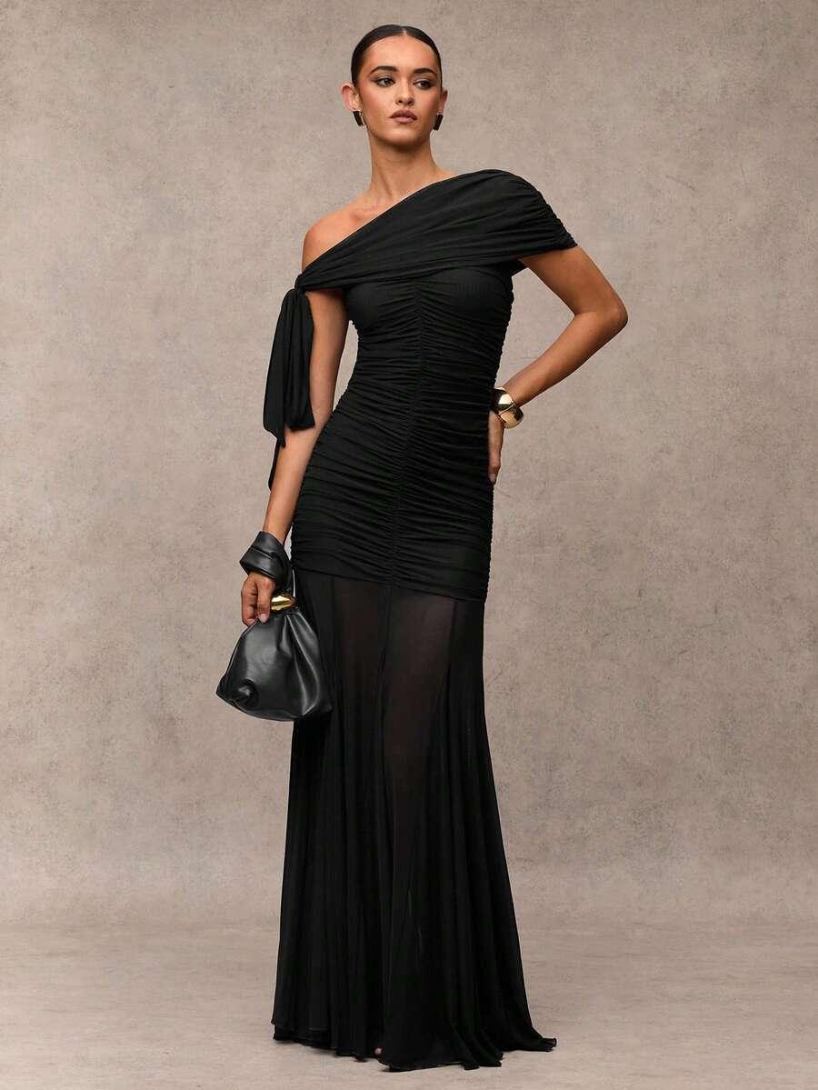 SHEIN CZARNA MAXI SUKIENKA ASYMETRYCZNY DEKOLT S06__M