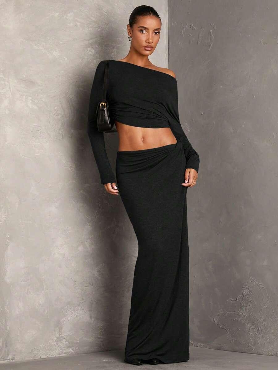 SHEIN CZARNY KOMPLET BLUZKA SPÓDNICA S06__M
