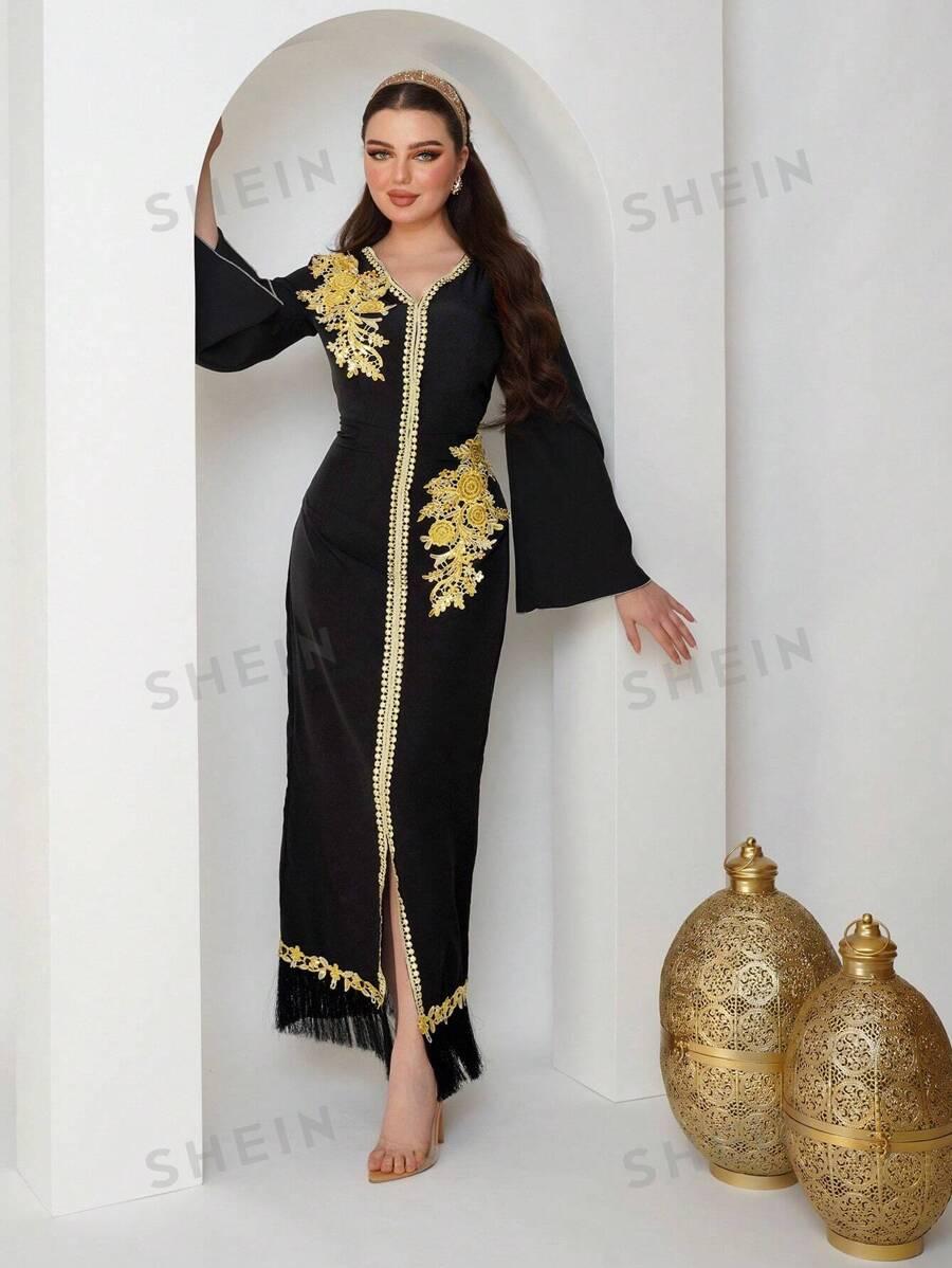 SHEIN CZARNA MAXI SUKIENKA ZDOBIENIA S06__S