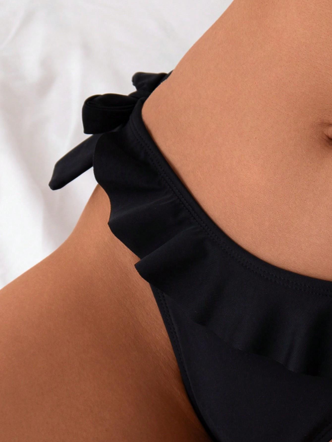 SHEIN WIĄZANY CZARNY DÓŁ OD BIKINI FALBANA S09__M