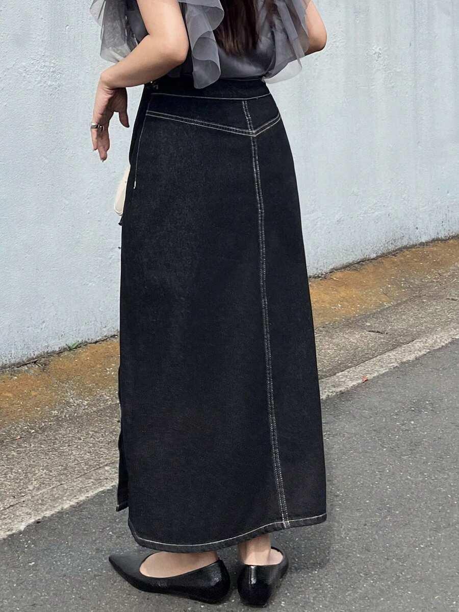 FRIFUL CZARNA JEANSOWA SPÓDNICA MAXI S09__S