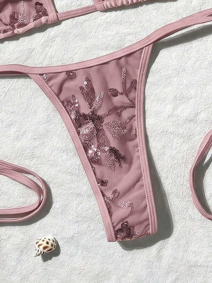 SWIM VCAY RÓŻOWY KOMPLET BIKINI STRINGI CEKINY S09__S