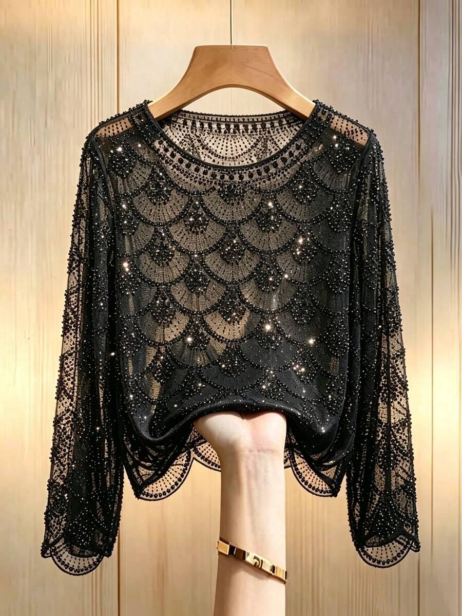 SHEIN CZARNA BLUZKA ZDOBIENIA S06__XL