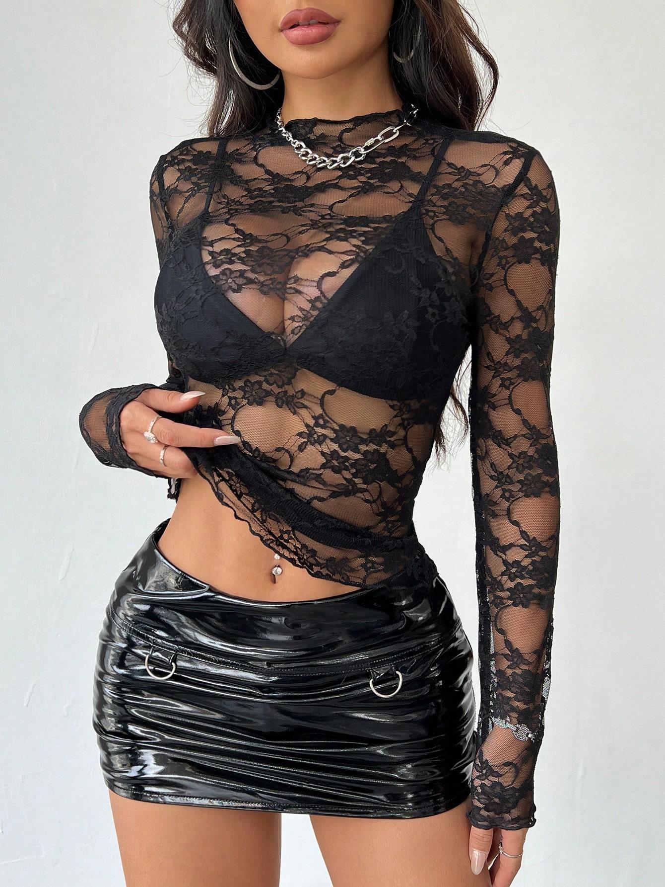 SHEIN CZARNA BLUZKA KORONKA S06__S