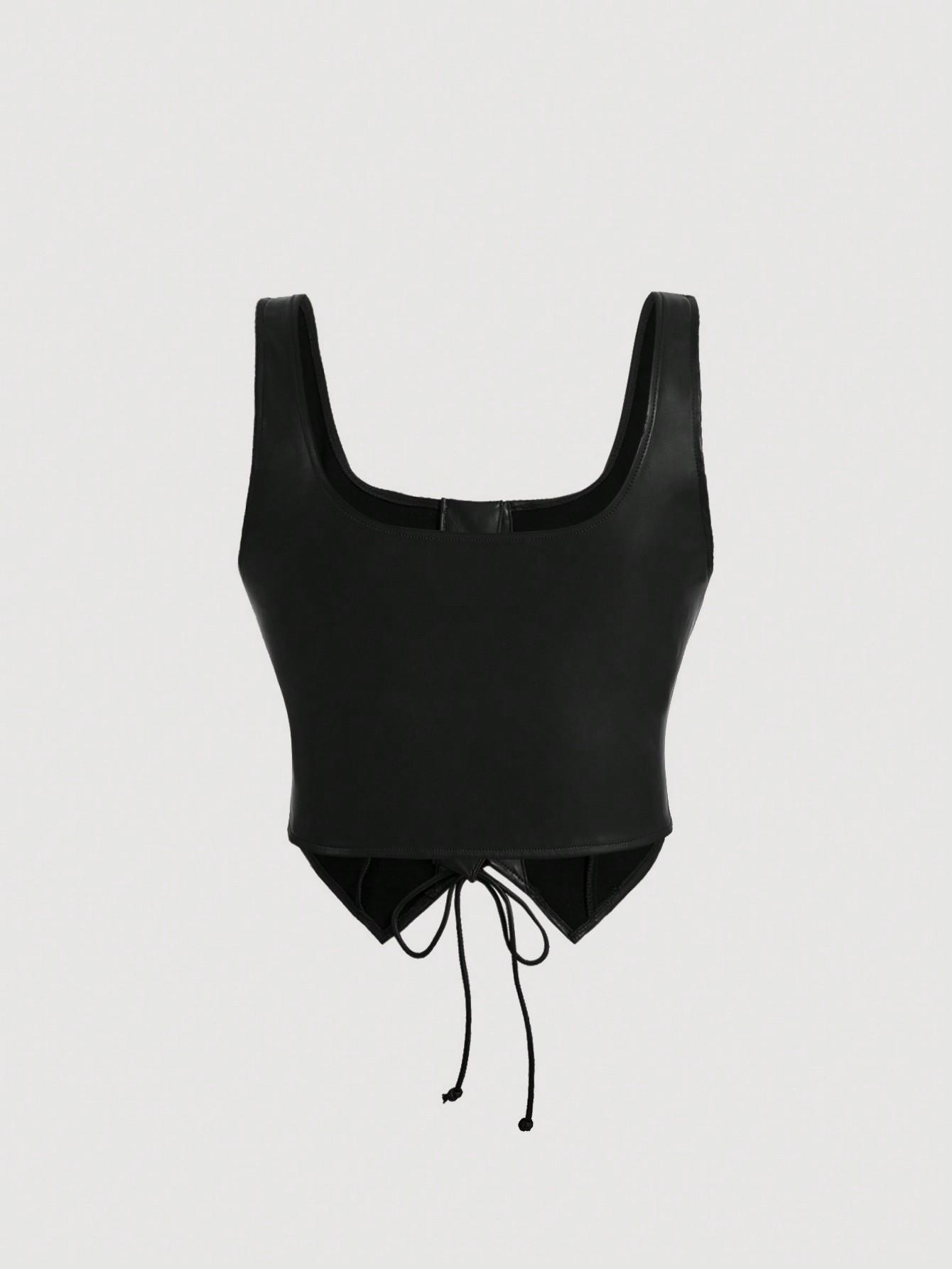 SHEIN CZARNY TOP WIĄZANIE IMITACJA SKÓRY S06__50