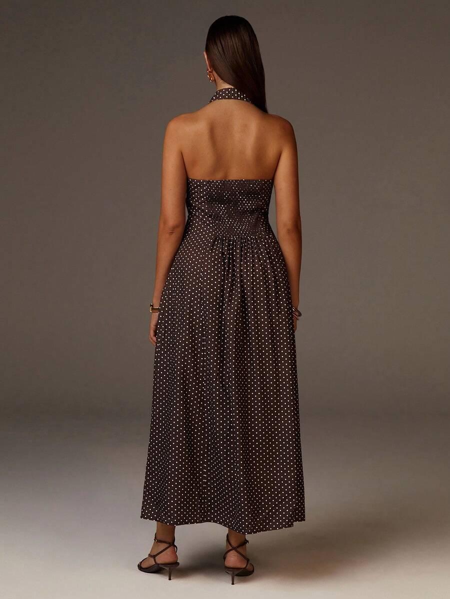 SHEIN BRĄZOWA MAXI SUKIENKA GROSZKI S06__M