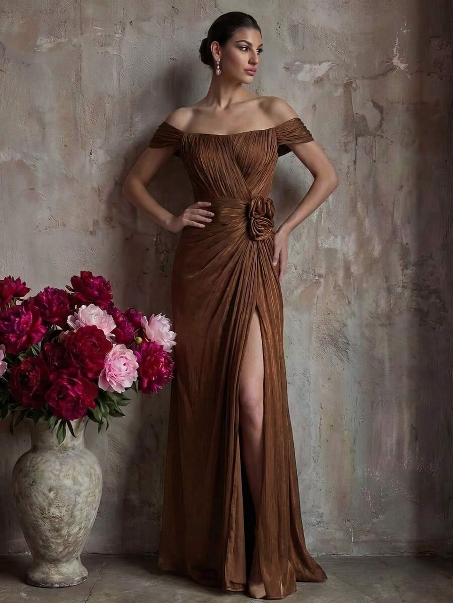 SHEIN BRĄZOWA MAXI SUKIENKA POŁYSK PK01__L