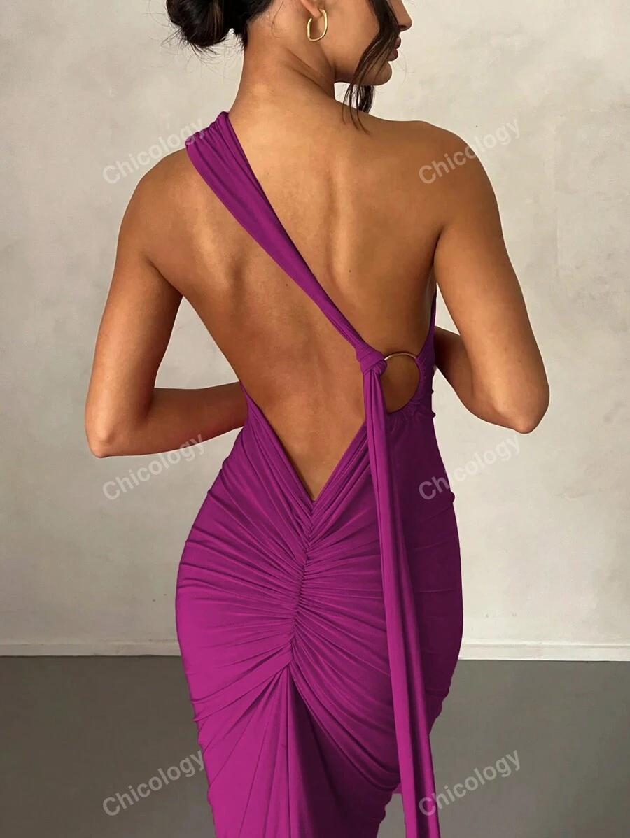 SHEIN MAXI SUKIENKA NA JEDNO RAMIĘ MARSZCZENIA ZDOBIENIE PK01__M