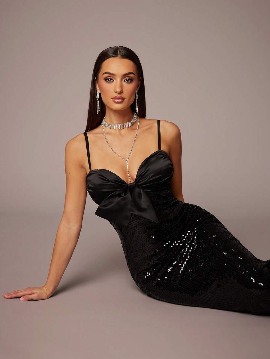 SILQUEE CZARNA MAXI SUKIENKA CEKINY S06__M