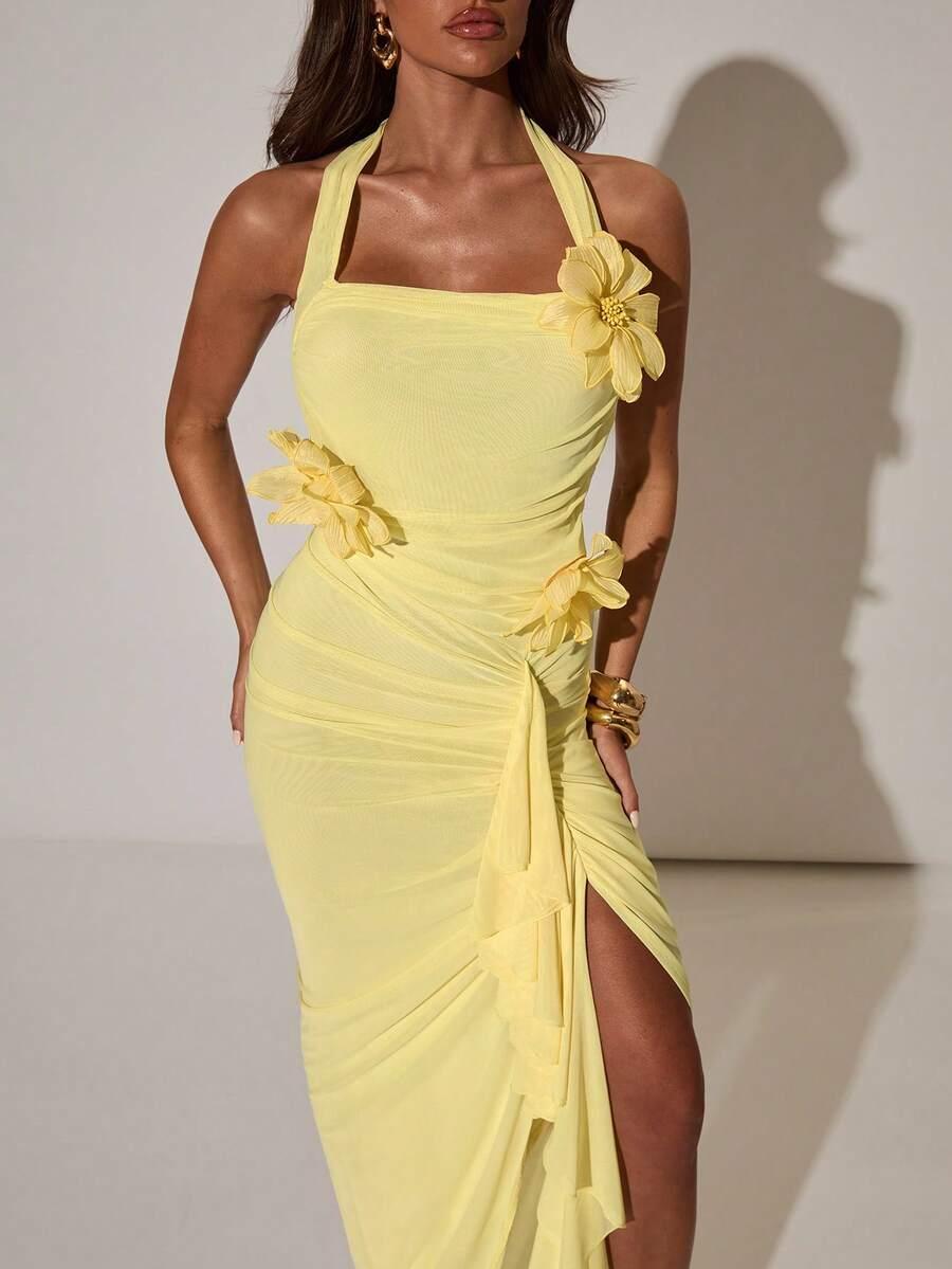 SHEIN ŻÓŁTA MAXI SUKIENKA ZDOBIENIE S06__S