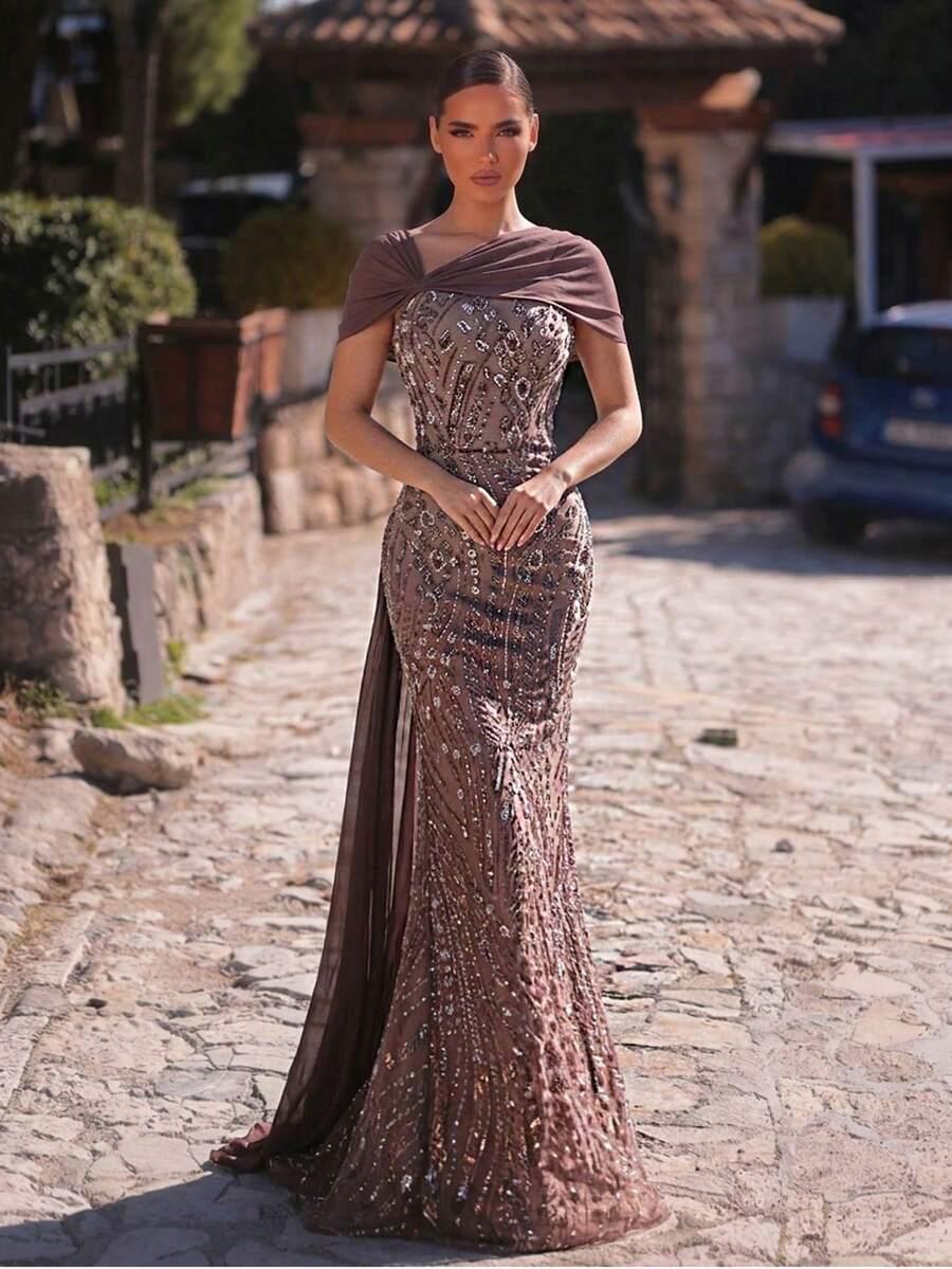 SHEIN BRĄZOWA SUKIENKA MAXI ZDOBIENIE S06__L