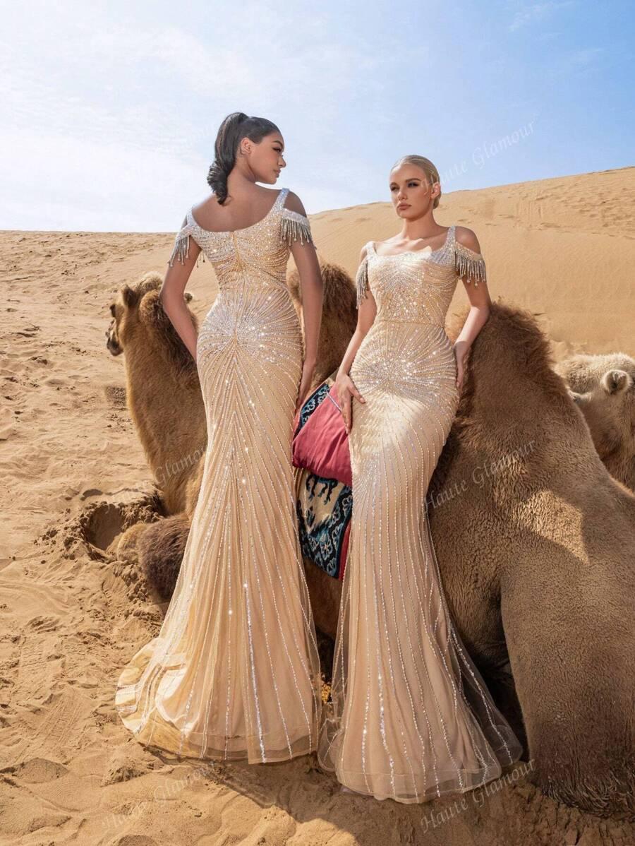 SHEIN BEŻOWA MAXI SUKIENKA ZDOBIENIE POŁYSK S06__XS