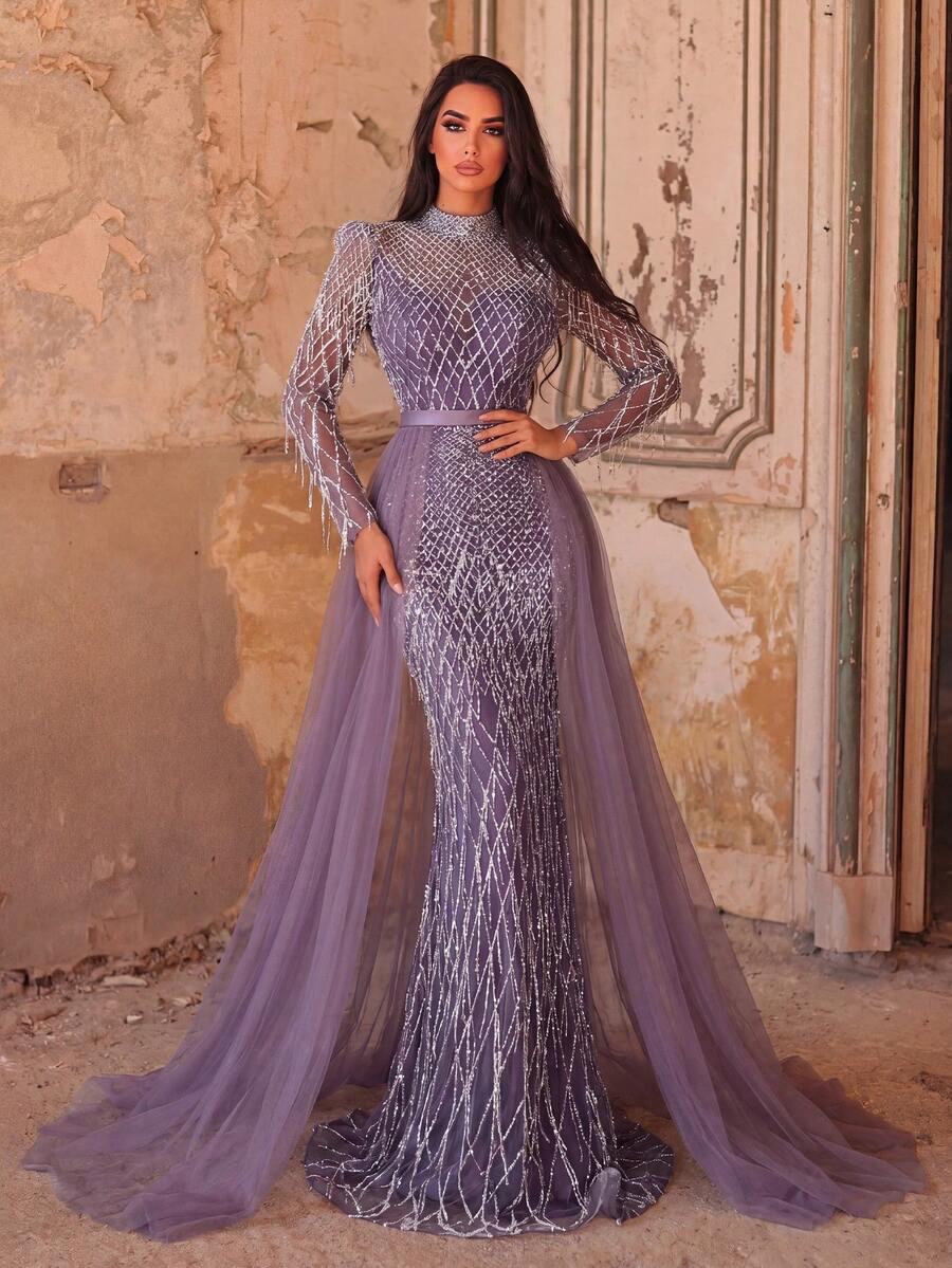 FAERIESTY FIOLETOWA MAXI SUKIENKA ZDOBIENIE DŁUGI RĘKAW S06__XS