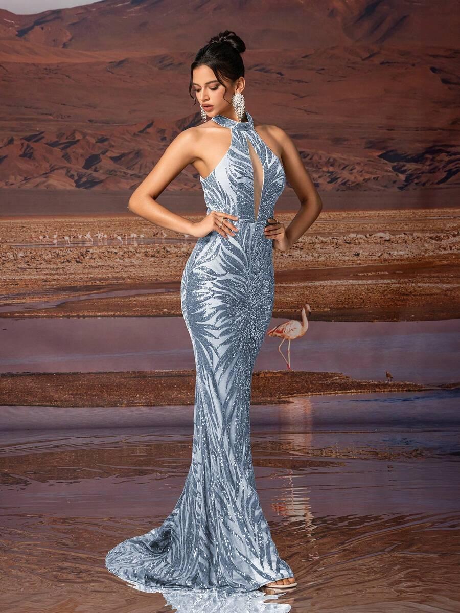 SHEIN NIEBIESKA MAXI SUKIENKA POŁYSK S09__M